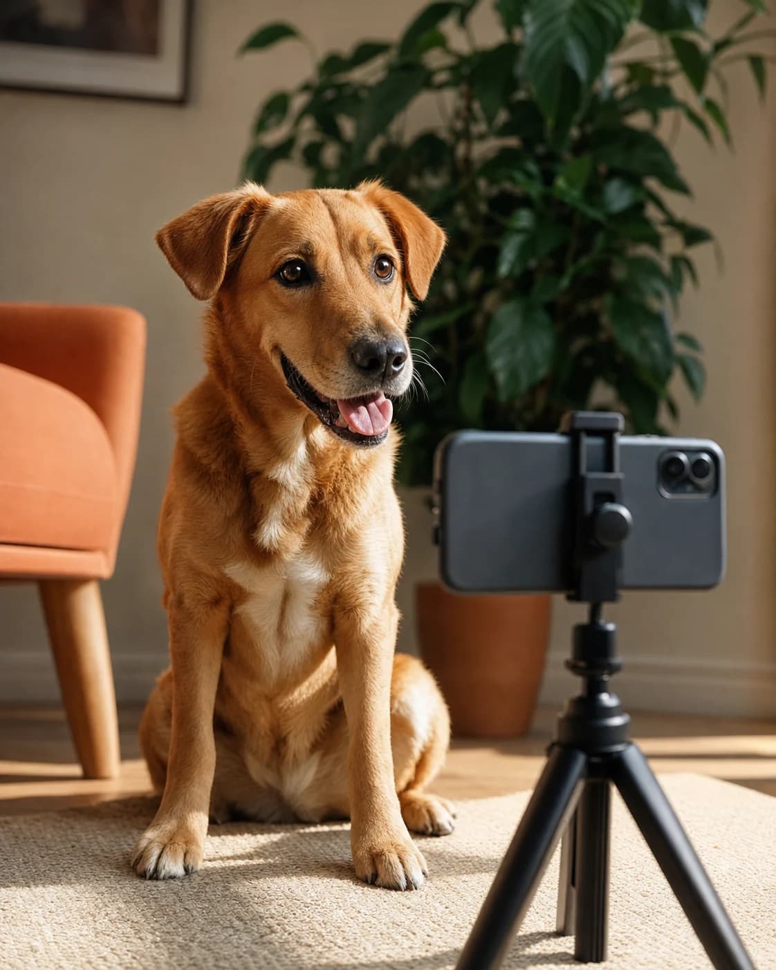 Cachorro caramelo diante de um celular preparado para gravar conteúdo