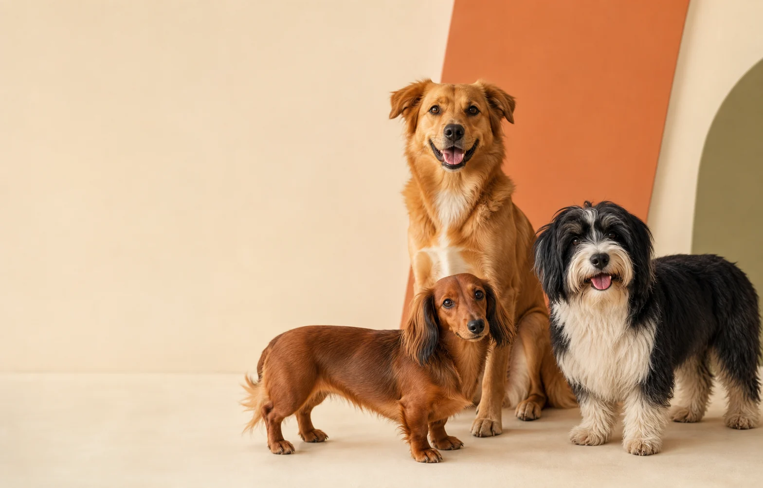 Três cachorros posando juntos em um estúdio colorido